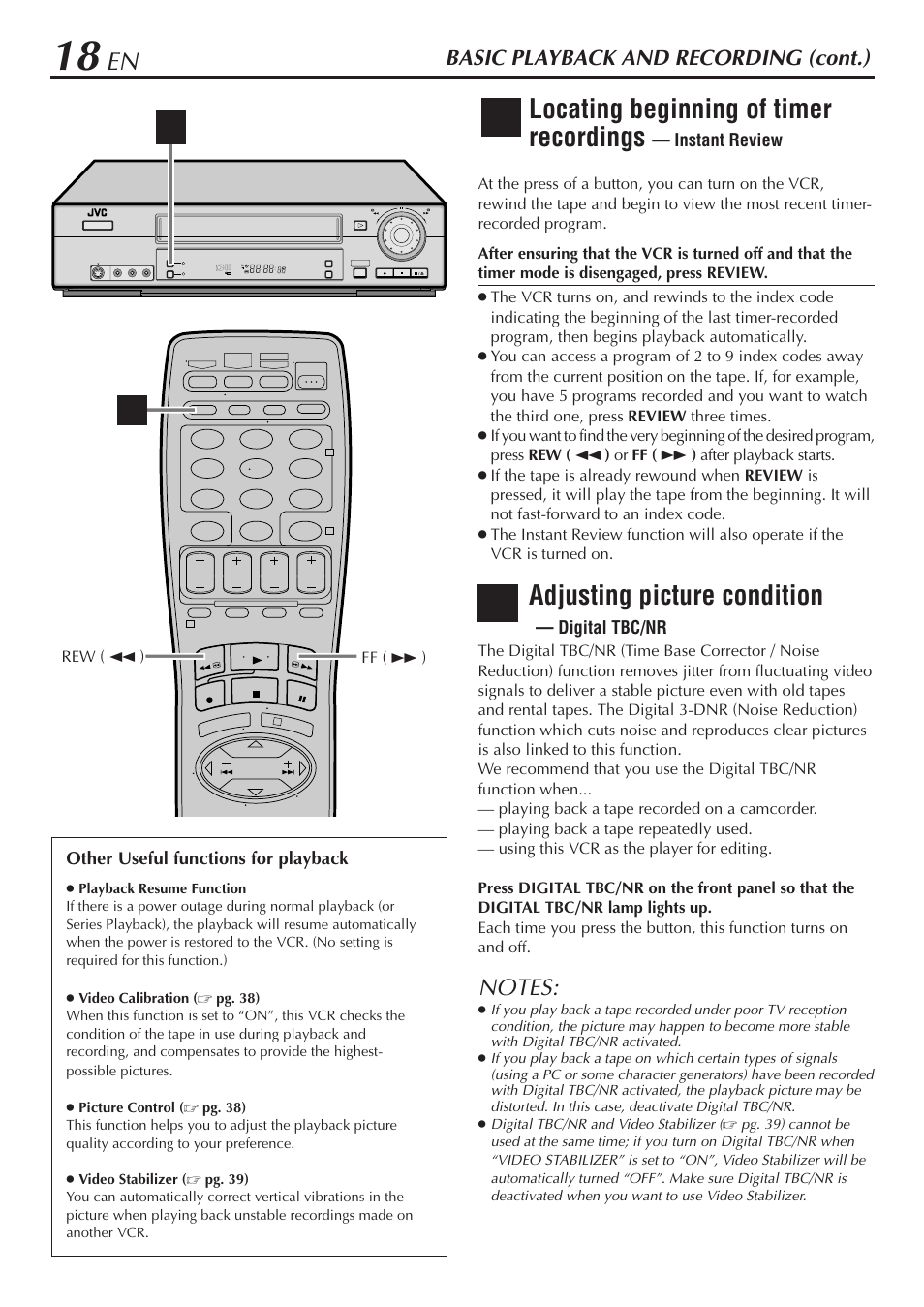 Locating beginning of timer recordings, Adjusting picture condition, Basic playback and recording (cont.) | Instant review, Digital tbc/nr, Other useful functions for playback | JVC SR-V10U User Manual | Page 18 / 64