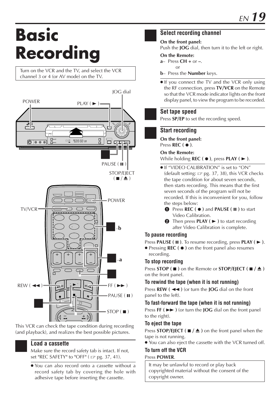 Basic recording, Select recording channel, Set tape speed | Start recording, Load a cassette | JVC SR-V10U User Manual | Page 19 / 64