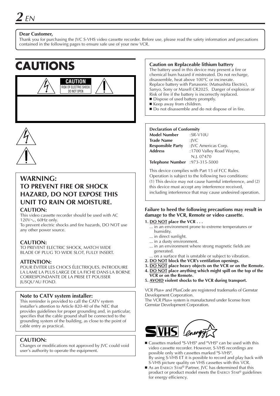 Cautions, Warning | JVC SR-V10U User Manual | Page 2 / 64