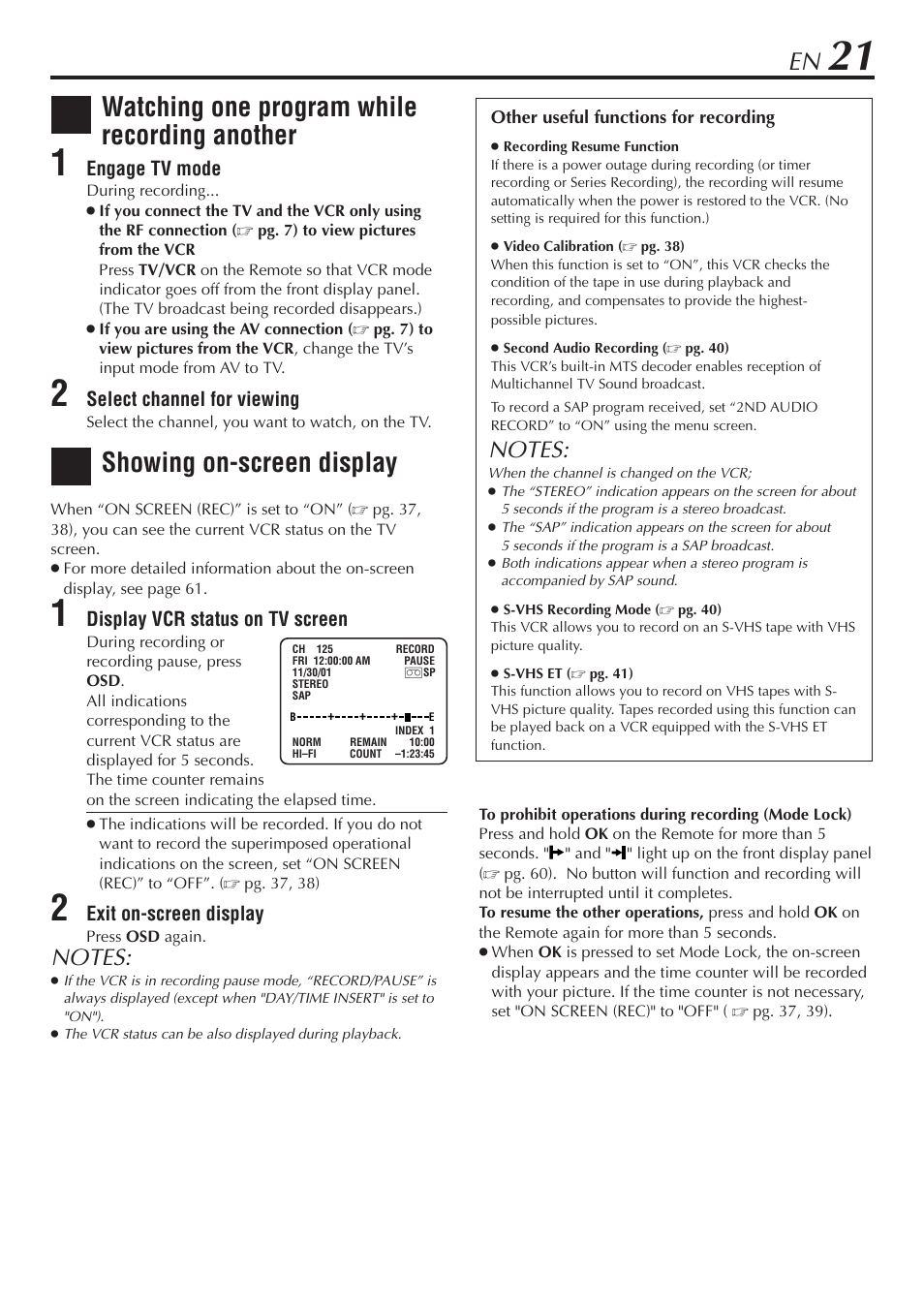 Watching one program while recording another, Showing on-screen display | JVC SR-V10U User Manual | Page 21 / 64