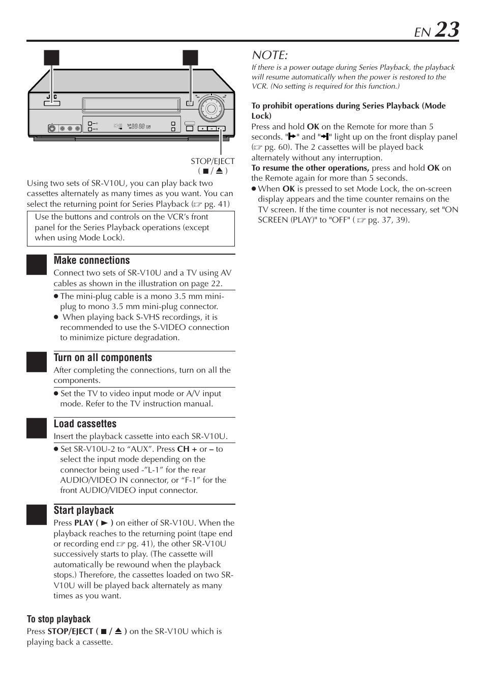 Make connections, Turn on all components, Load cassettes | Start playback | JVC SR-V10U User Manual | Page 23 / 64