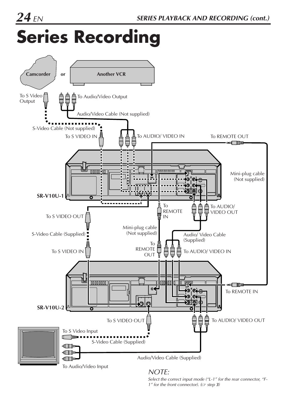 Series recording, Series playback and recording (cont.), Step 3 ) | JVC SR-V10U User Manual | Page 24 / 64