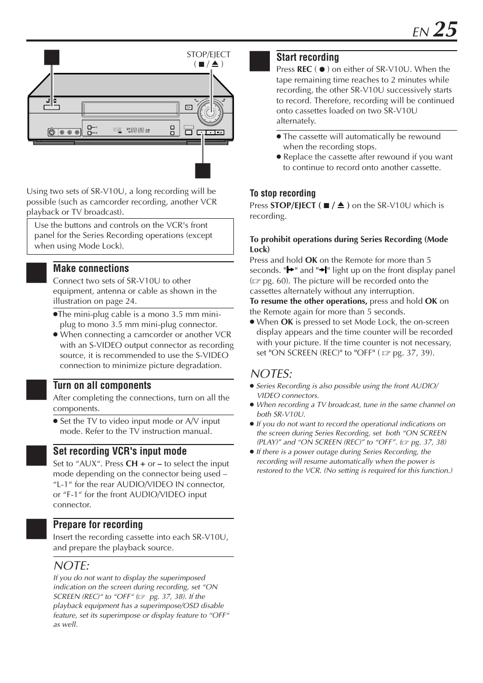 Make connections, Turn on all components, Set recording vcr's input mode | Prepare for recording, Start recording | JVC SR-V10U User Manual | Page 25 / 64