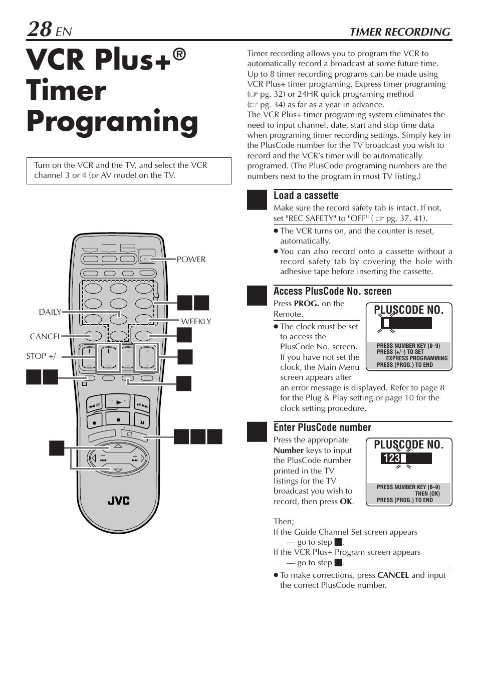Vcr plus+® timer programing, Vcr plus, Timer programing | JVC SR-V10U User Manual | Page 28 / 64