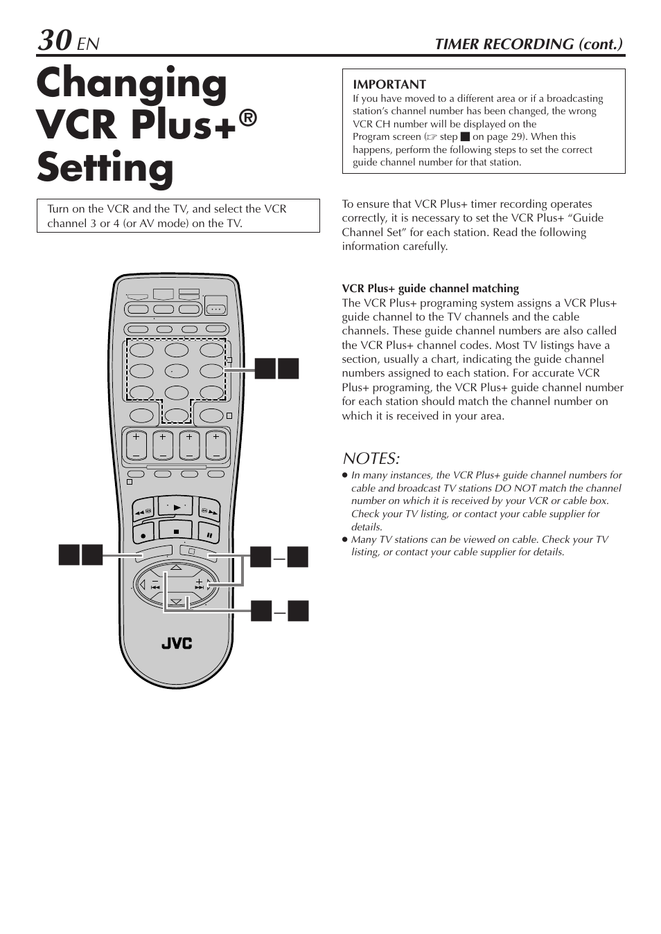 Changing vcr plus+® setting, Changing vcr plus, Setting | JVC SR-V10U User Manual | Page 30 / 64
