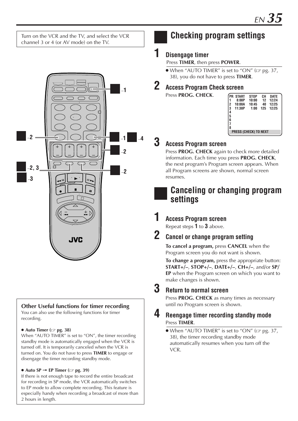 Checking program settings, Canceling or changing program settings | JVC SR-V10U User Manual | Page 35 / 64
