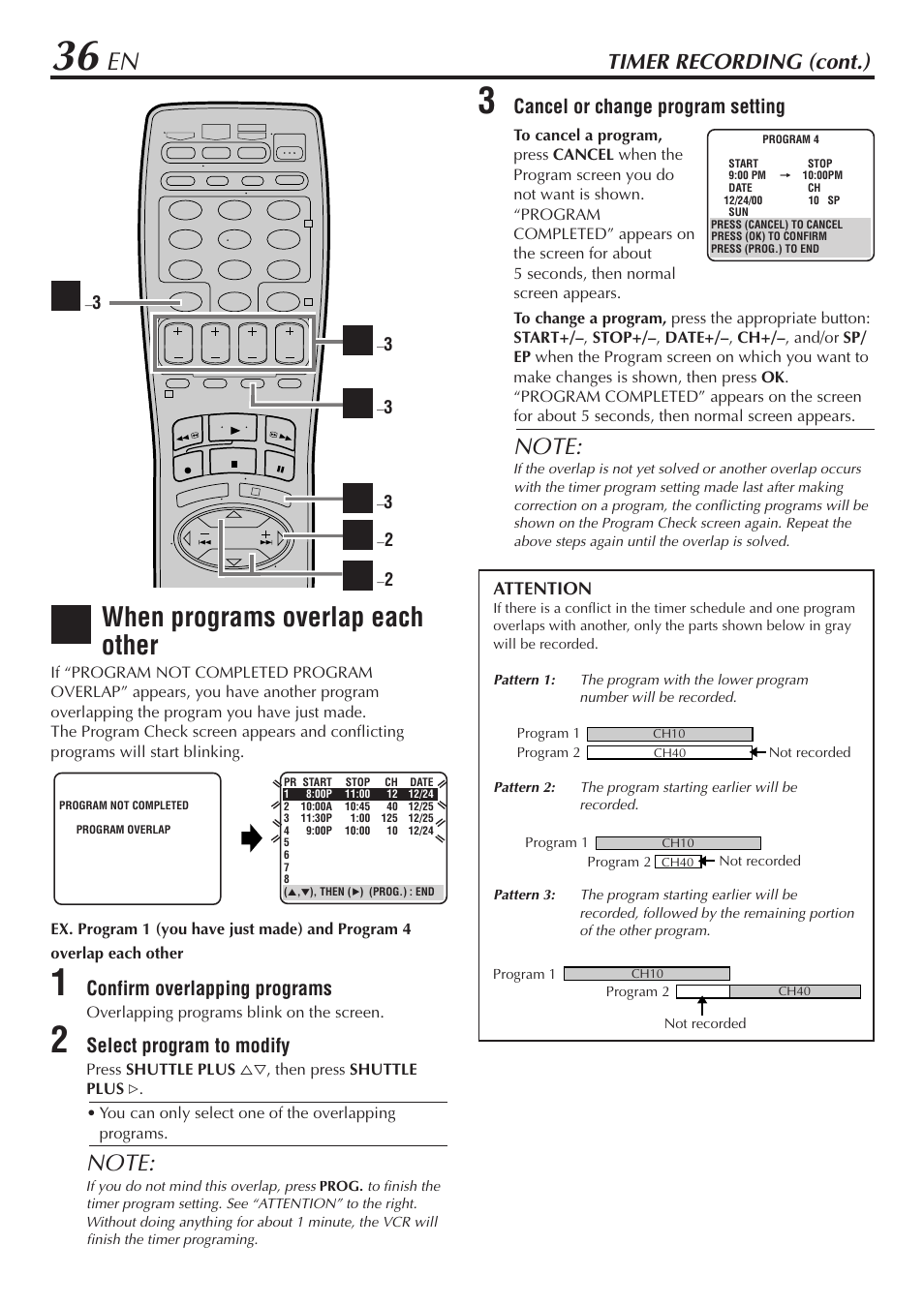When programs overlap each other, Timer recording (cont.), Confirm overlapping programs | Select program to modify, Cancel or change program setting | JVC SR-V10U User Manual | Page 36 / 64