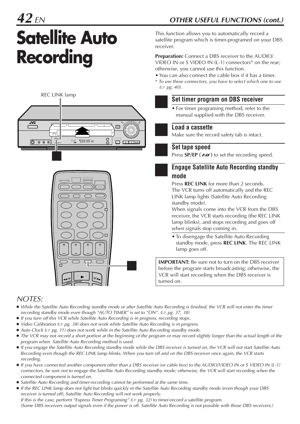 Satellite auto recording, Other useful functions (cont.), Set timer program on dbs receiver | Load a cassette, Set tape speed, Engage satellite auto recording standby mode | JVC SR-V10U User Manual | Page 42 / 64