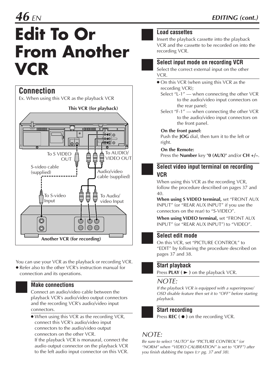 Edit to or from another vcr, Connection, Editing (cont.) | JVC SR-V10U User Manual | Page 46 / 64
