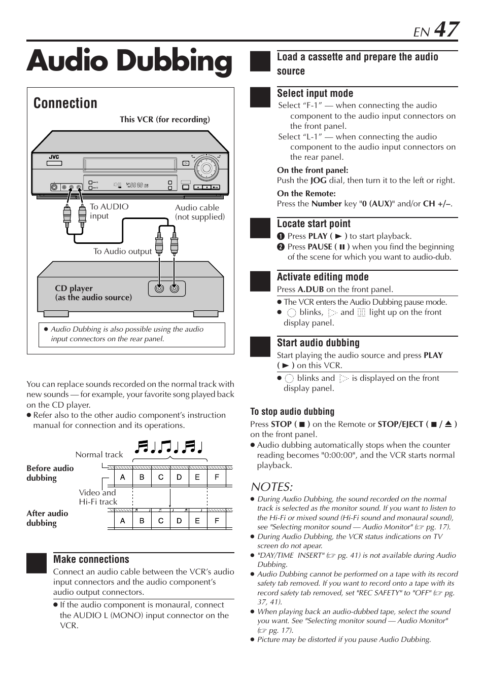 Audio dubbing, Connection, Load a cassette and prepare the audio source | Select input mode, Locate start point, Activate editing mode, Start audio dubbing, Make connections | JVC SR-V10U User Manual | Page 47 / 64