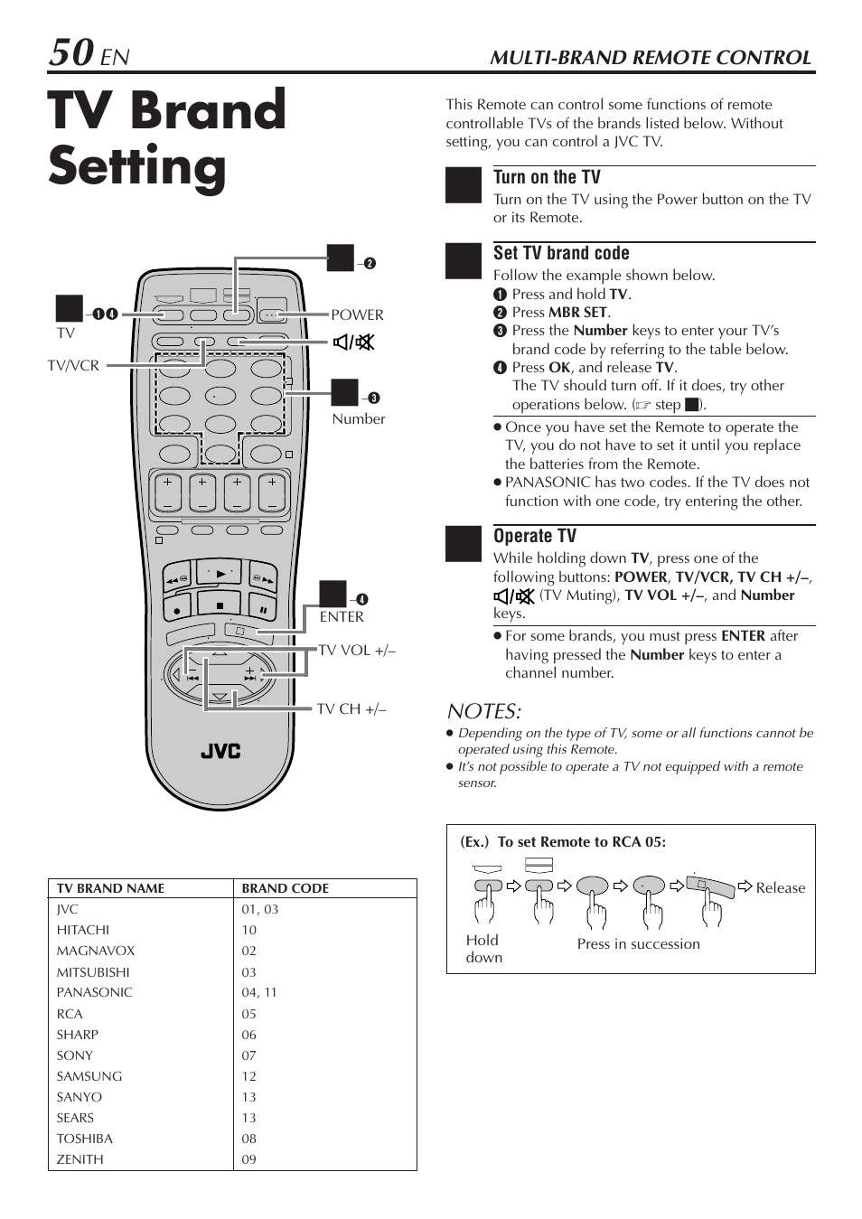 Tv brand setting, Multi-brand remote control | JVC SR-V10U User Manual | Page 50 / 64