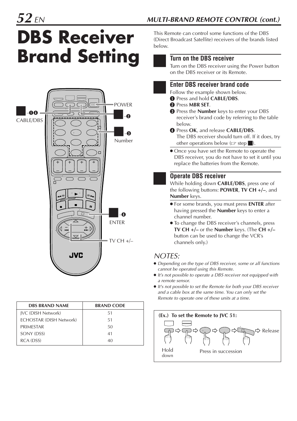 Dbs receiver brand setting, Multi-brand remote control (cont.) | JVC SR-V10U User Manual | Page 52 / 64