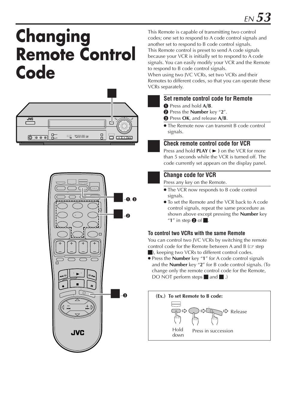 Changing remote control code, Set remote control code for remote, Check remote control code for vcr | Change code for vcr | JVC SR-V10U User Manual | Page 53 / 64