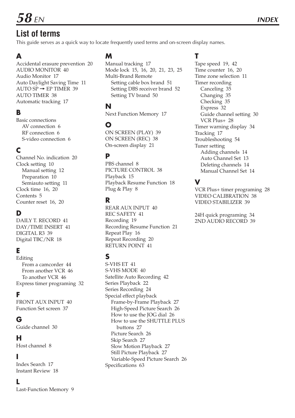 Index, List of terms | JVC SR-V10U User Manual | Page 58 / 64