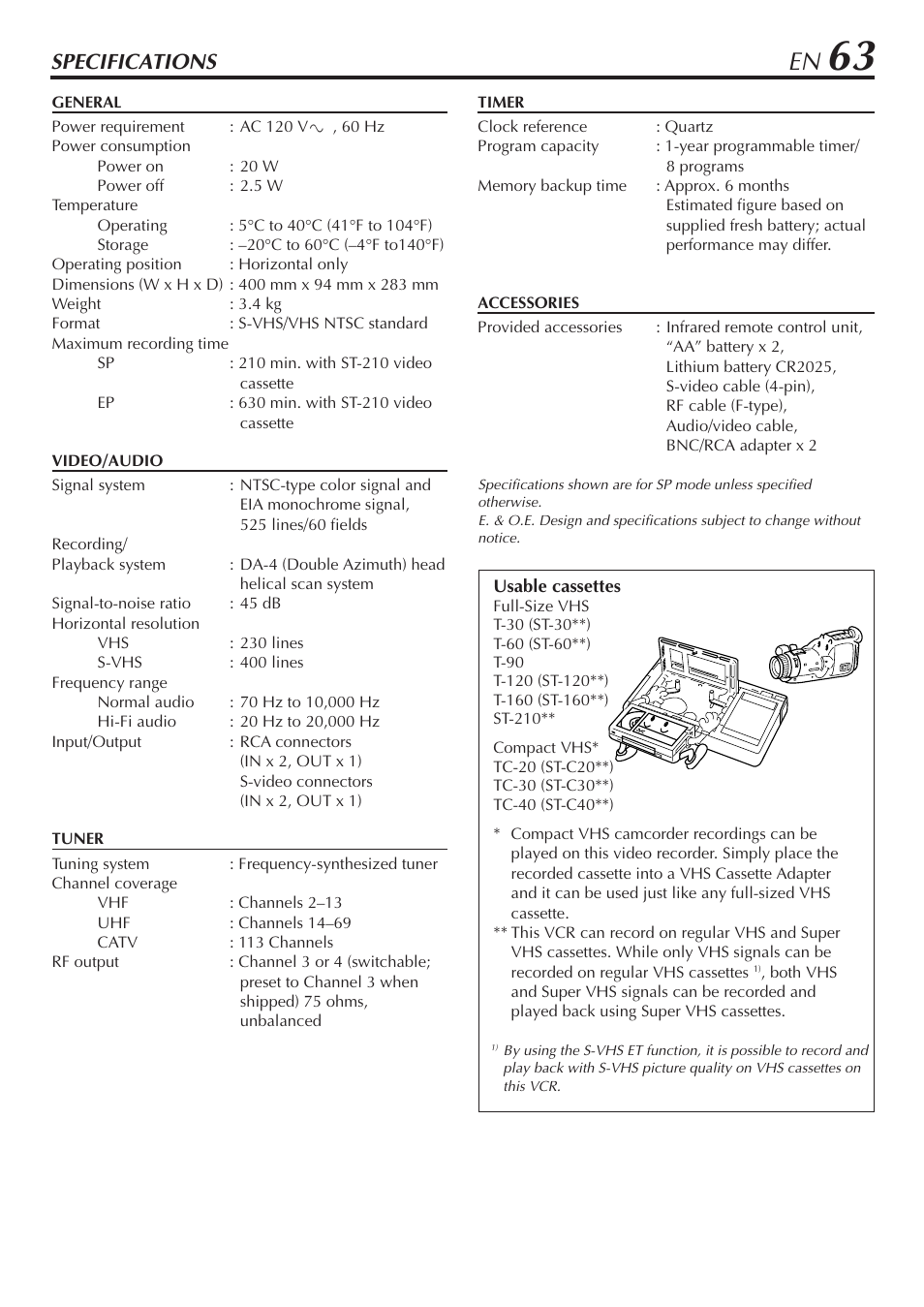 Specifications | JVC SR-V10U User Manual | Page 63 / 64
