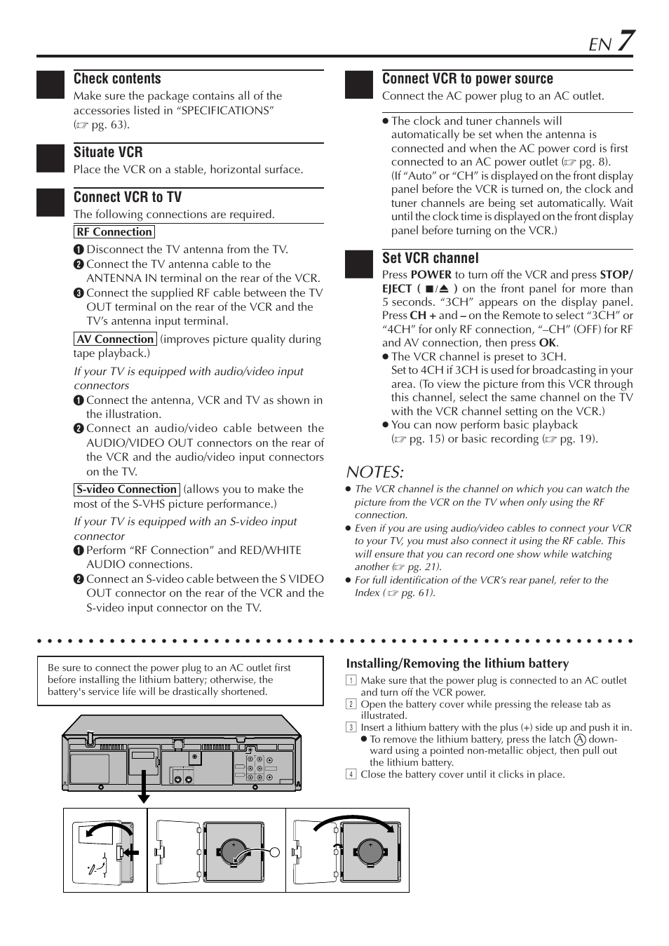 Check contents, Situate vcr, Connect vcr to tv | Connect vcr to power source, Set vcr channel, Installing/removing the lithium battery, Place the vcr on a stable, horizontal surface, Pg. 21), Pg. 61) | JVC SR-V10U User Manual | Page 7 / 64