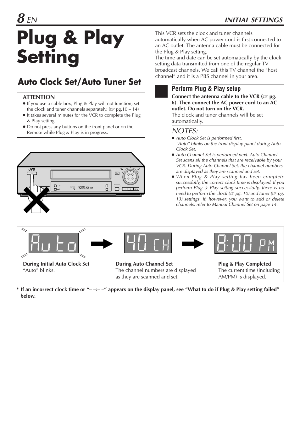 Plug & play setting, Auto clock set/auto tuner set, Initial settings | Perform plug & play setup, Attention | JVC SR-V10U User Manual | Page 8 / 64