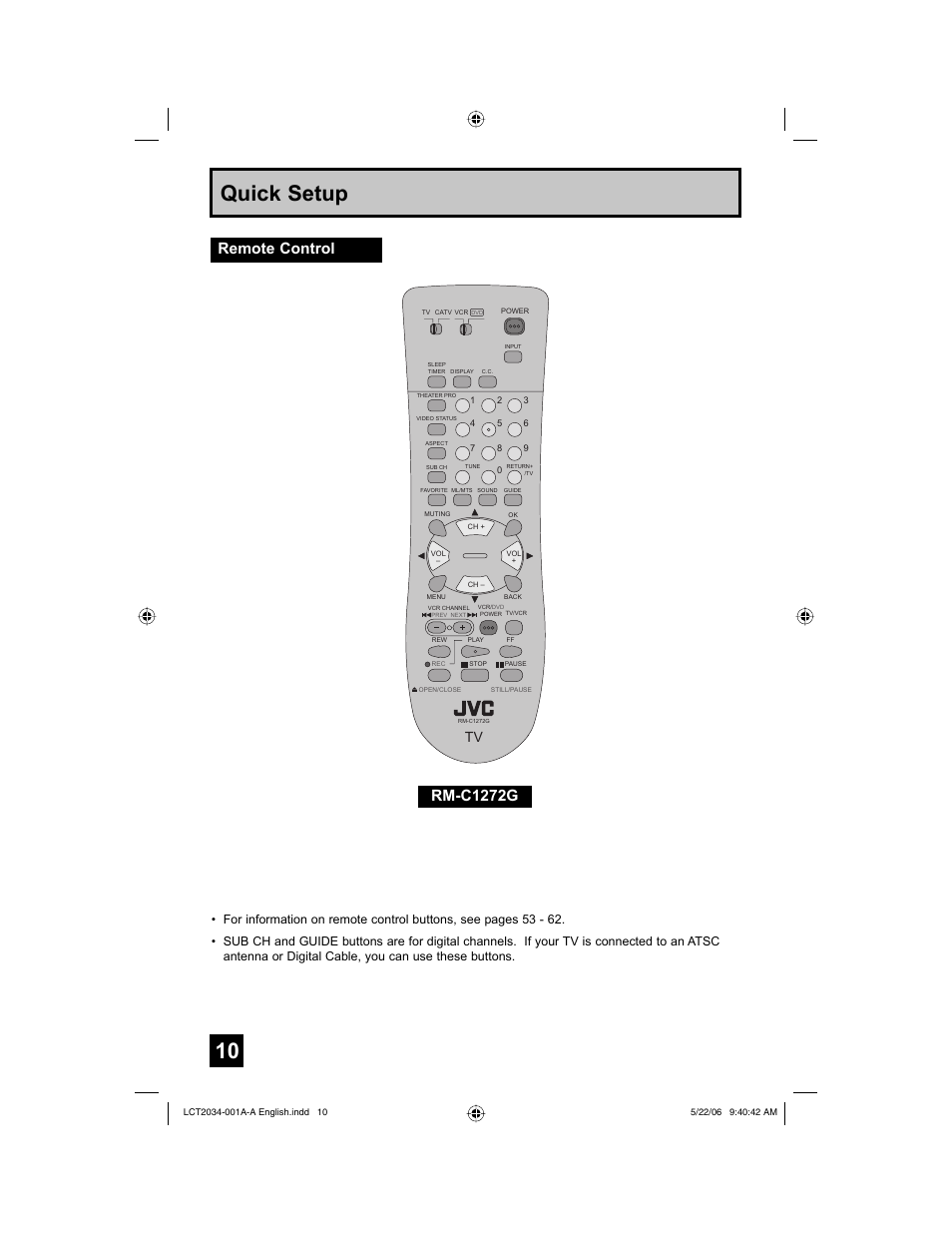 Remote control, 10 quick setup, Rm-c1272g | JVC AV 30W777 User Manual | Page 10 / 72