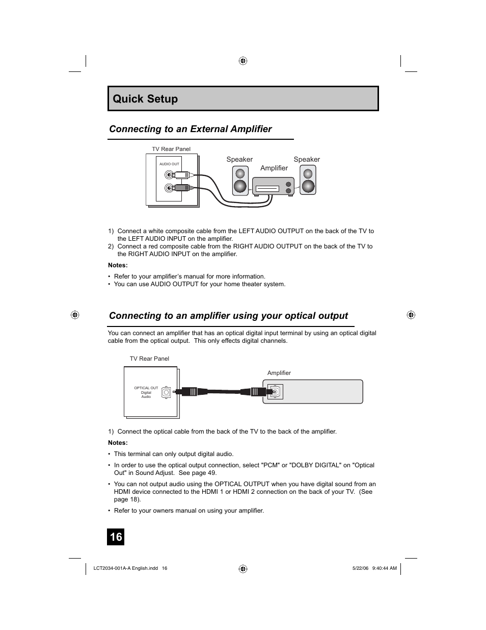 Quick setup, Connecting to an external amplifier | JVC AV 30W777 User Manual | Page 16 / 72