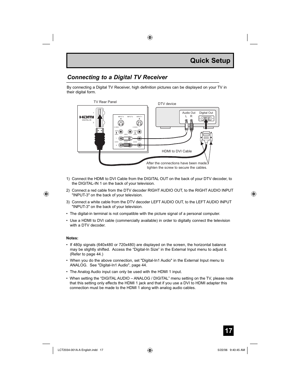 Quick setup, Connecting to a digital tv receiver | JVC AV 30W777 User Manual | Page 17 / 72