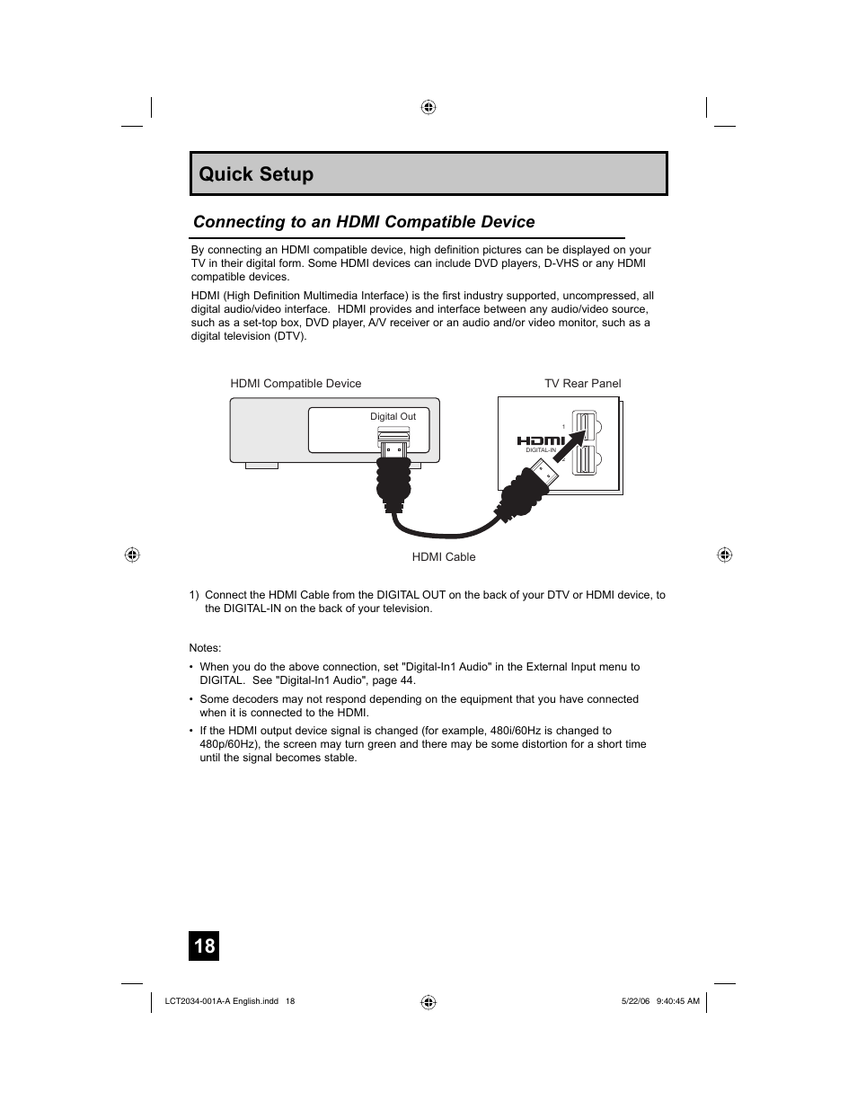 Quick setup, Connecting to an hdmi compatible device | JVC AV 30W777 User Manual | Page 18 / 72