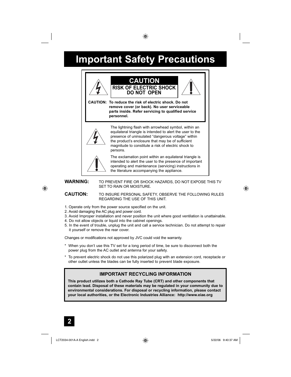 Important safety precautions, Caution | JVC AV 30W777 User Manual | Page 2 / 72