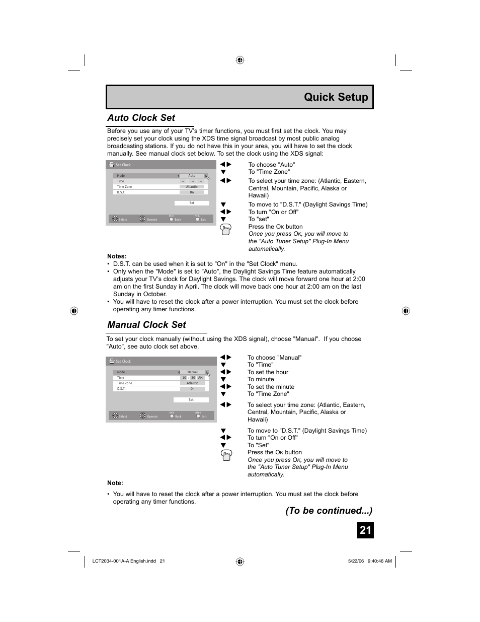 Quick setup, Manual clock set, Auto clock set (to be continued...) | JVC AV 30W777 User Manual | Page 21 / 72