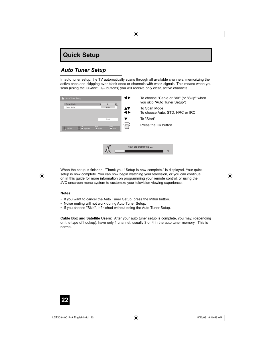 22 quick setup, Auto tuner setup | JVC AV 30W777 User Manual | Page 22 / 72