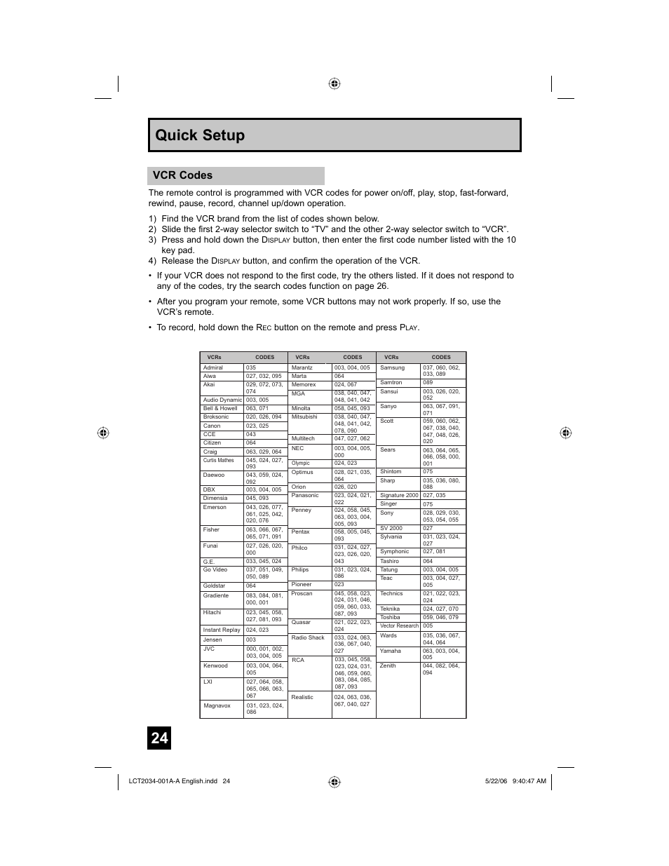 24 quick setup, Vcr codes, Button on the remote and press p | JVC AV 30W777 User Manual | Page 24 / 72