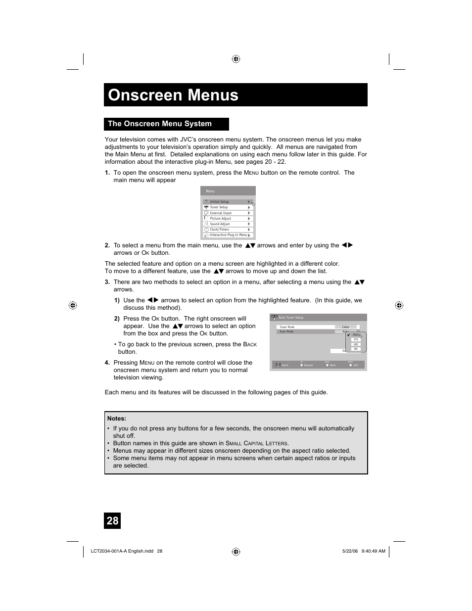 The onscreen menu system, Onscreen menus | JVC AV 30W777 User Manual | Page 28 / 72