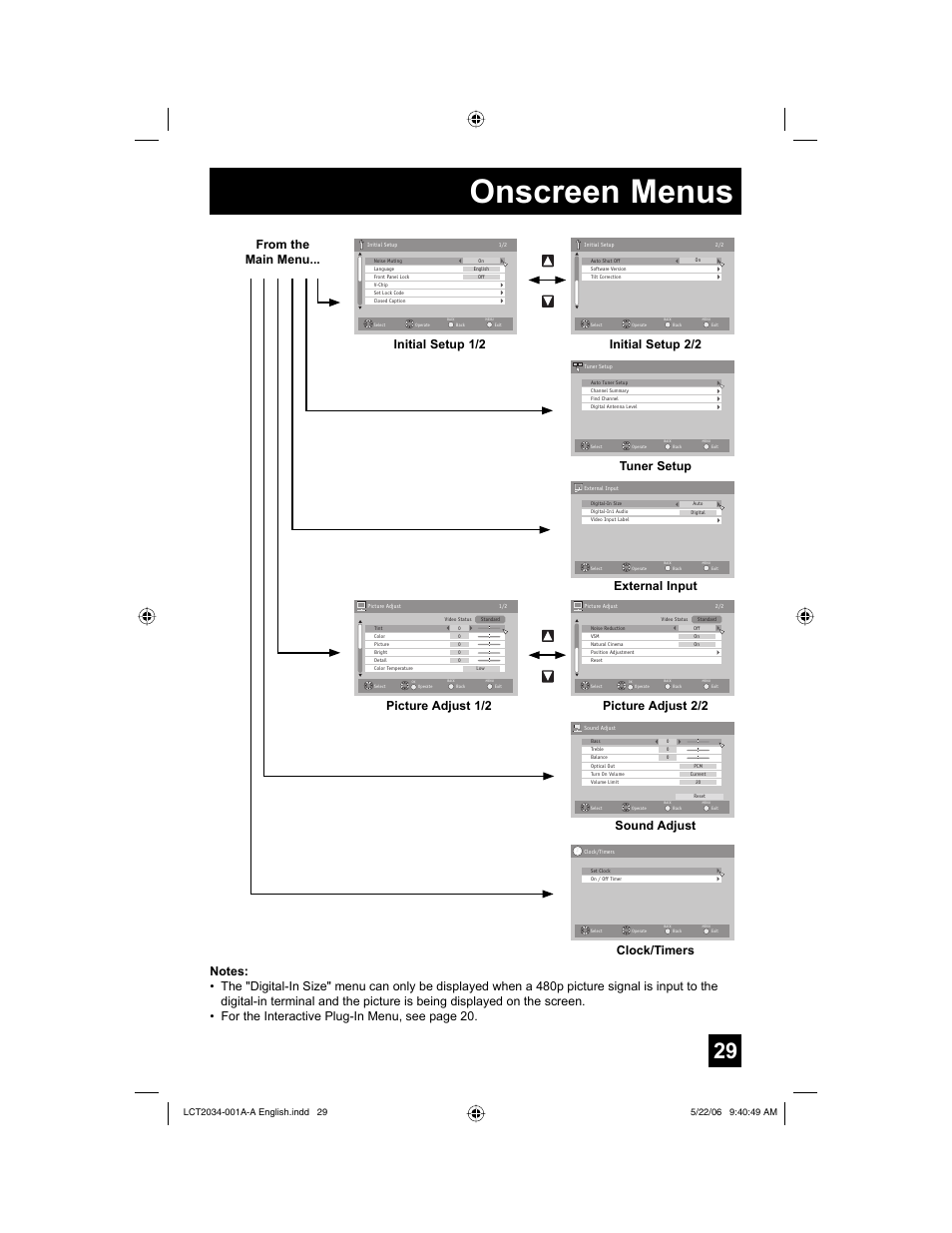 Onscreen menus, Initial setup 2/2 initial setup 1/2, External input | Picture adjust 1/2, Picture adjust 2/2, Sound adjust, Clock/timers from the main menu | JVC AV 30W777 User Manual | Page 29 / 72