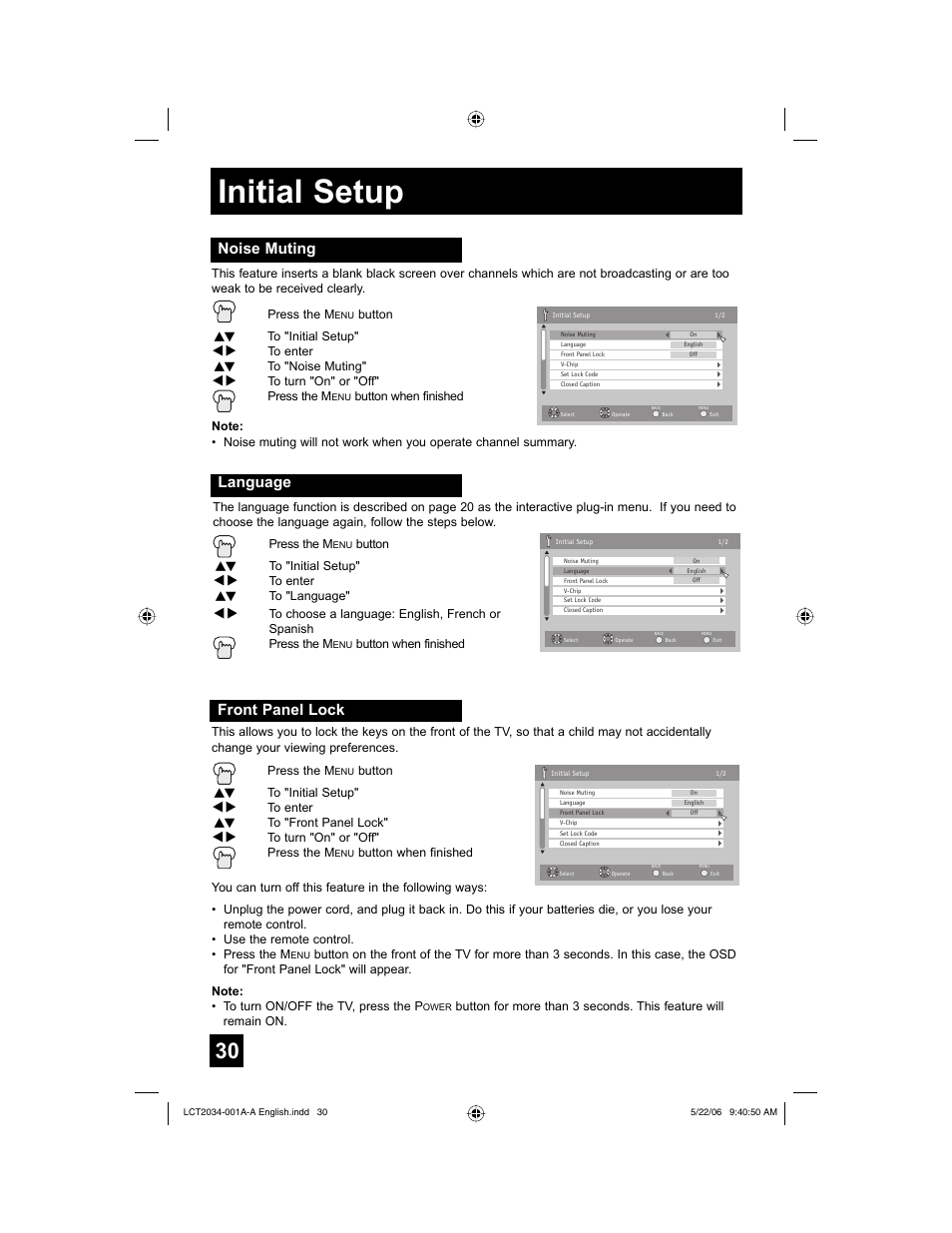 Initial setup, Noise muting, Language | Front panel lock | JVC AV 30W777 User Manual | Page 30 / 72