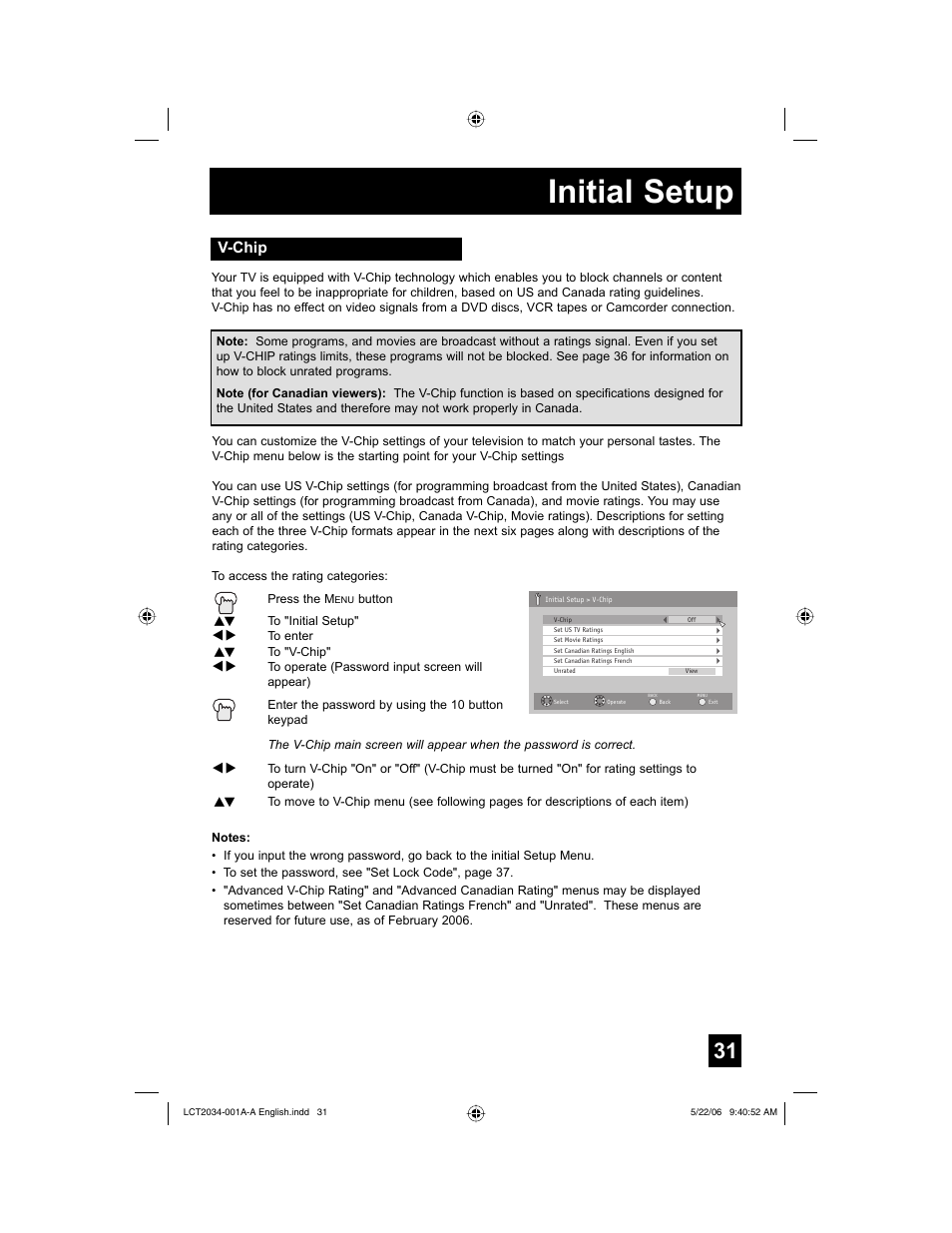 V-chip, Initial setup | JVC AV 30W777 User Manual | Page 31 / 72