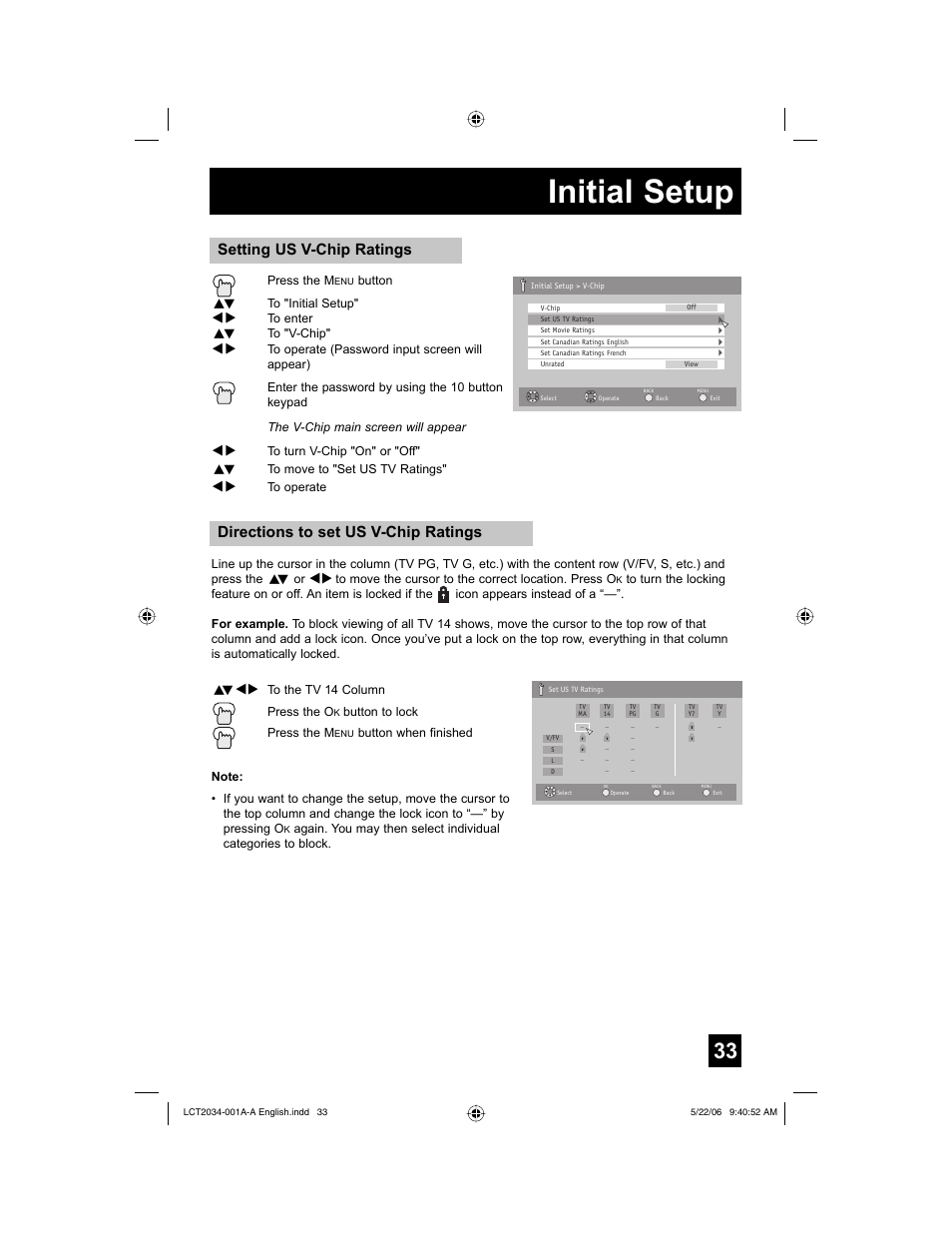 Initial setup, Directions to set us v-chip ratings, Setting us v-chip ratings | JVC AV 30W777 User Manual | Page 33 / 72