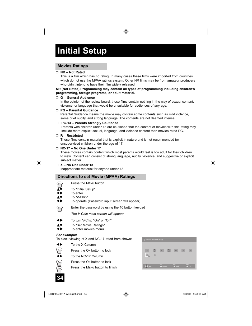 Initial setup, Movies ratings, Directions to set movie (mpaa) ratings | JVC AV 30W777 User Manual | Page 34 / 72