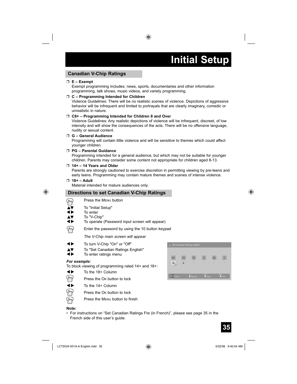Initial setup, Directions to set canadian v-chip ratings, Canadian v-chip ratings | JVC AV 30W777 User Manual | Page 35 / 72