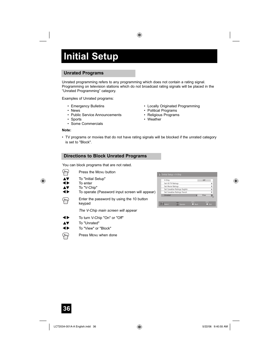 Initial setup, Directions to block unrated programs, Unrated programs | JVC AV 30W777 User Manual | Page 36 / 72