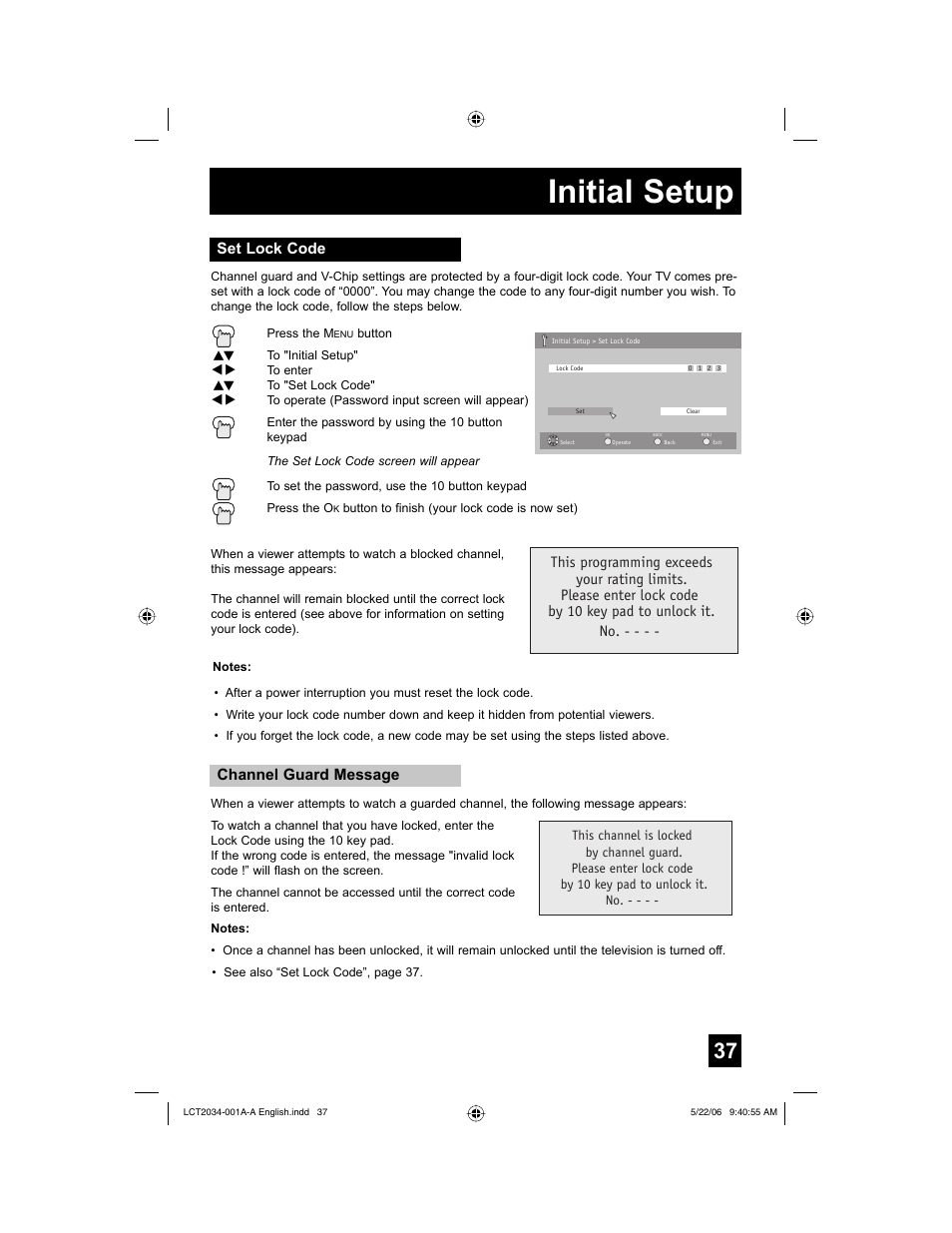 Set lock code, Initial setup, Channel guard message | JVC AV 30W777 User Manual | Page 37 / 72