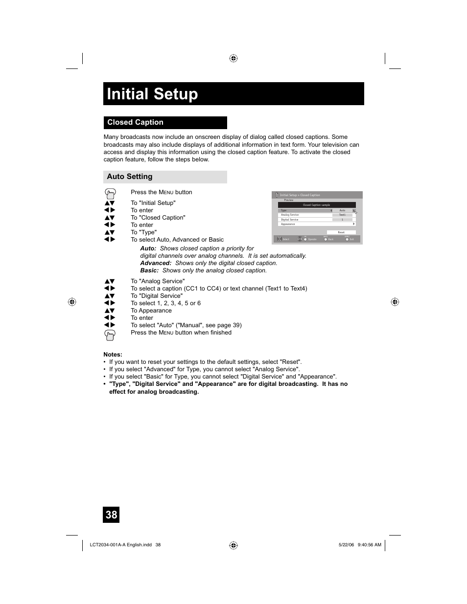 Closed caption, Initial setup, Closed caption auto setting | JVC AV 30W777 User Manual | Page 38 / 72