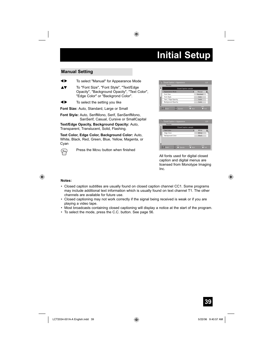 Initial setup, Manual setting | JVC AV 30W777 User Manual | Page 39 / 72