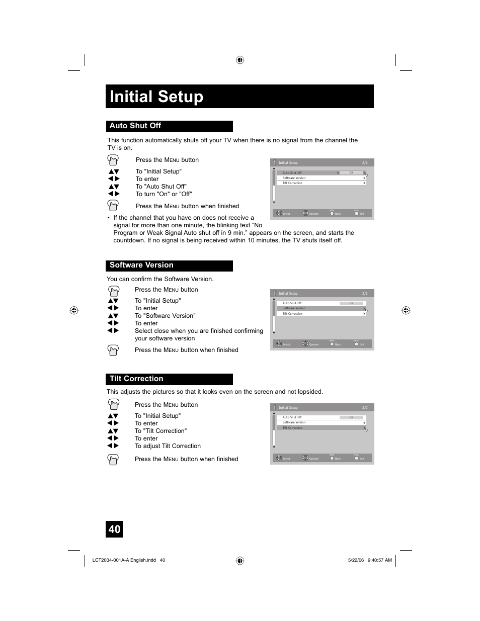 Auto shut off, Software version, Tilt correction | Initial setup, Software version tilt correction | JVC AV 30W777 User Manual | Page 40 / 72