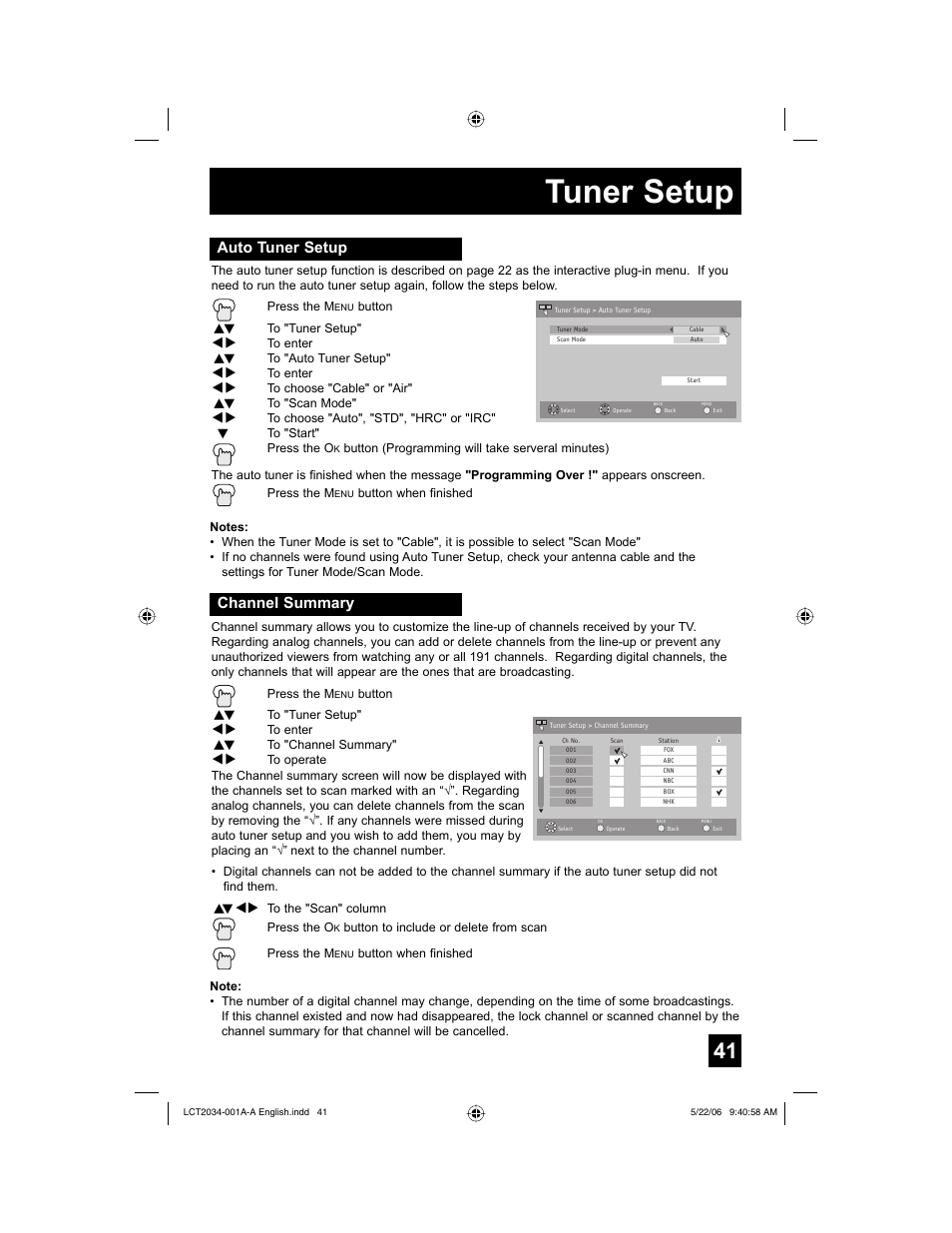 Tuner setup, Auto tuner setup, Channel summary | JVC AV 30W777 User Manual | Page 41 / 72