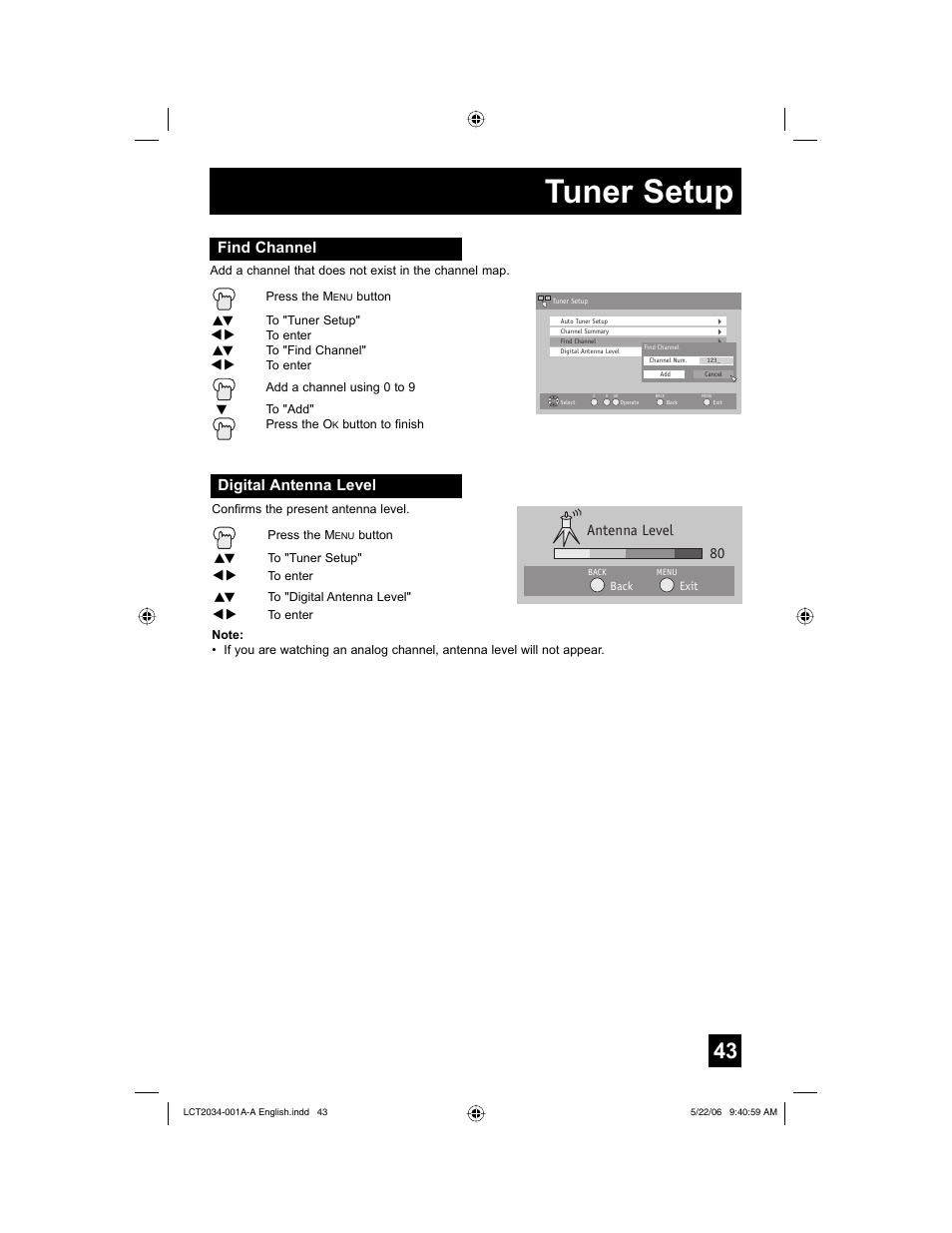 Find channel, Digital antenna level, Tuner setup | Digital antenna level 80 antenna level | JVC AV 30W777 User Manual | Page 43 / 72