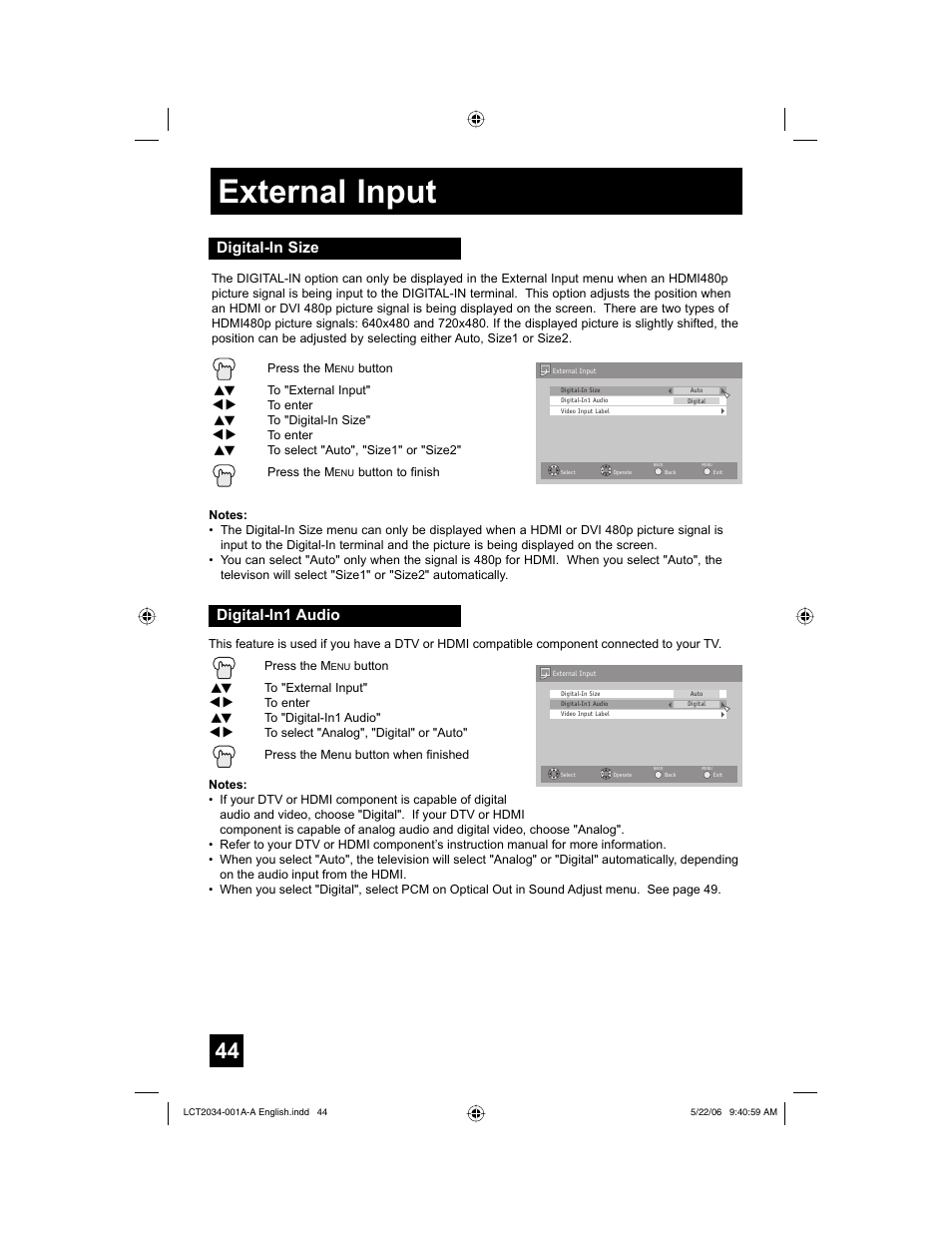 External input, Digital-in size, Digital-in1 audio | Digital-in size digital-in1 audio | JVC AV 30W777 User Manual | Page 44 / 72