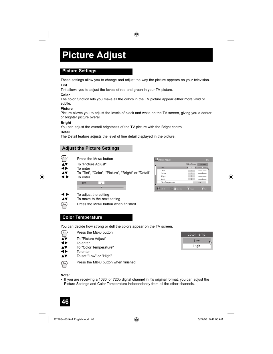 Picture adjust, Picture settings, Color temperature | JVC AV 30W777 User Manual | Page 46 / 72