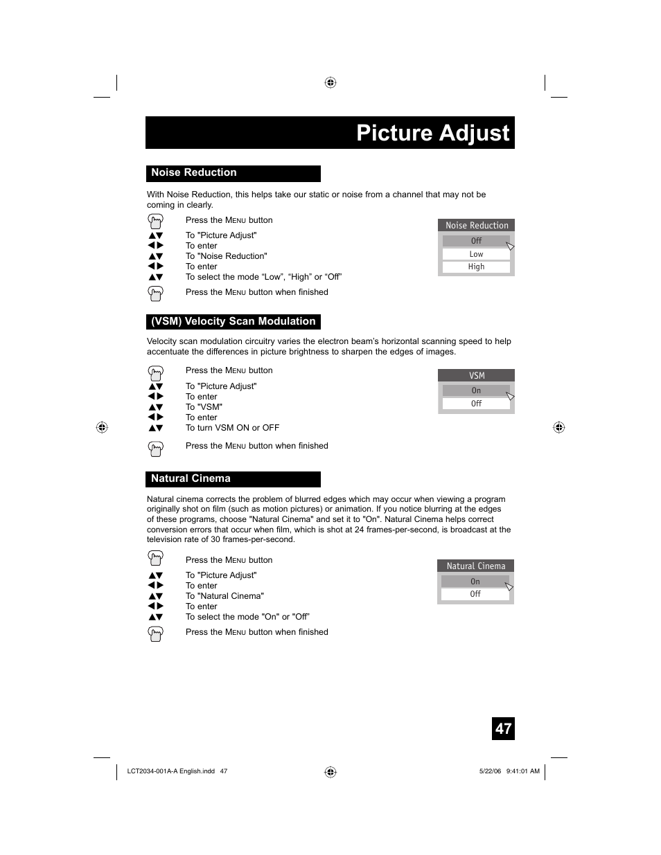Noise reduction, Vsm) velocity scan modulation, Natural cinema | Picture adjust | JVC AV 30W777 User Manual | Page 47 / 72
