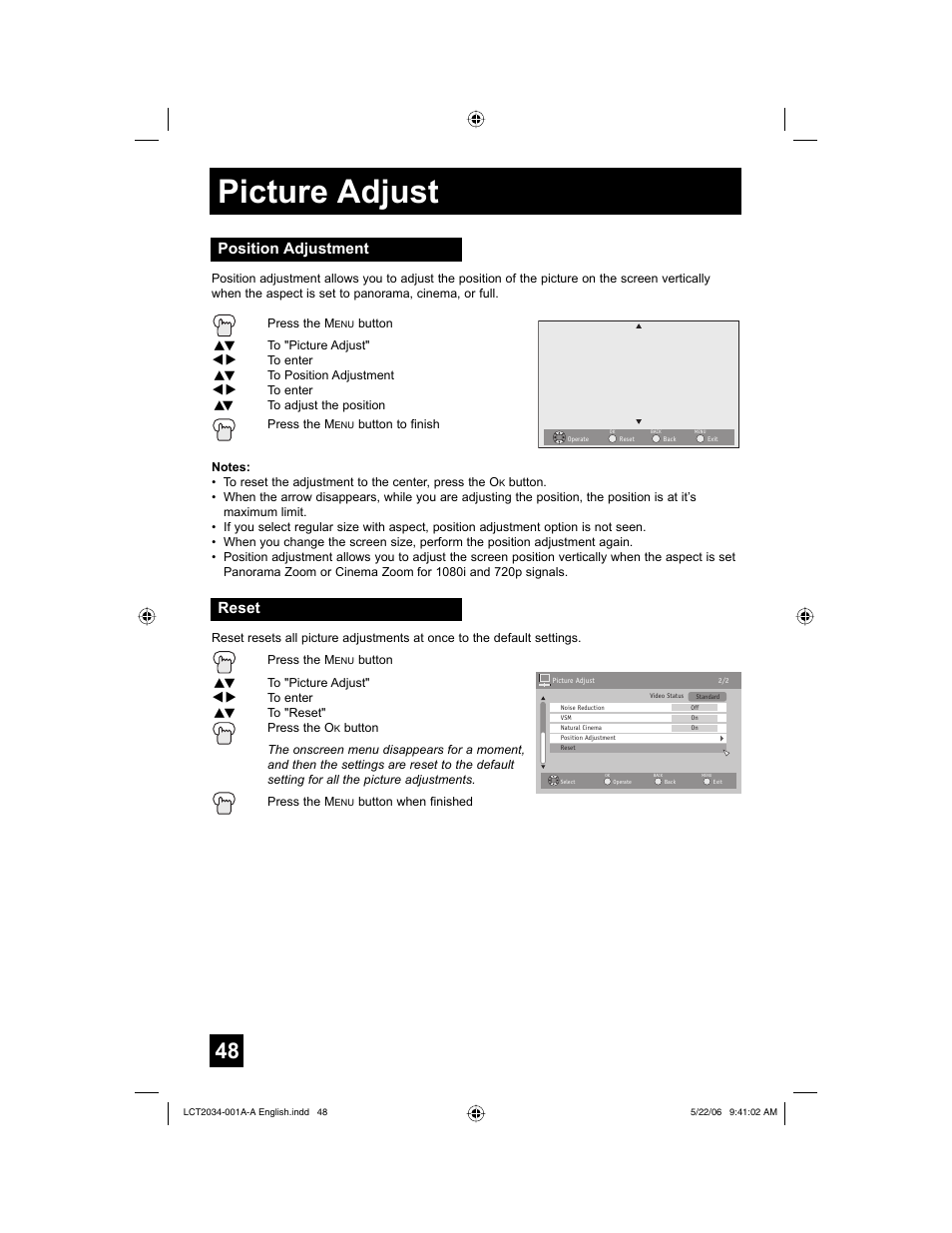 Position adjustment, Reset, Picture adjust | JVC AV 30W777 User Manual | Page 48 / 72