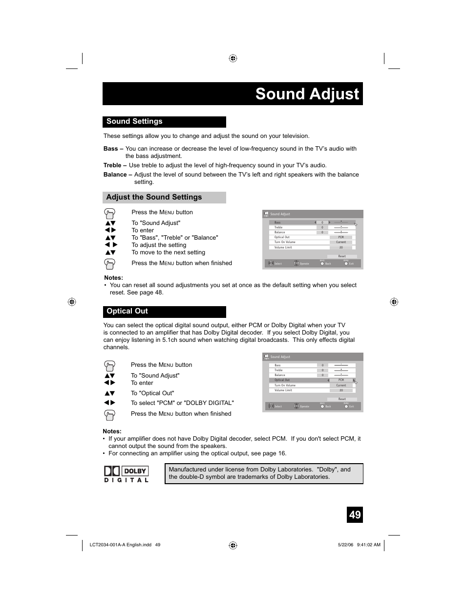 Sound adjust, Sound settings, Optical out | JVC AV 30W777 User Manual | Page 49 / 72