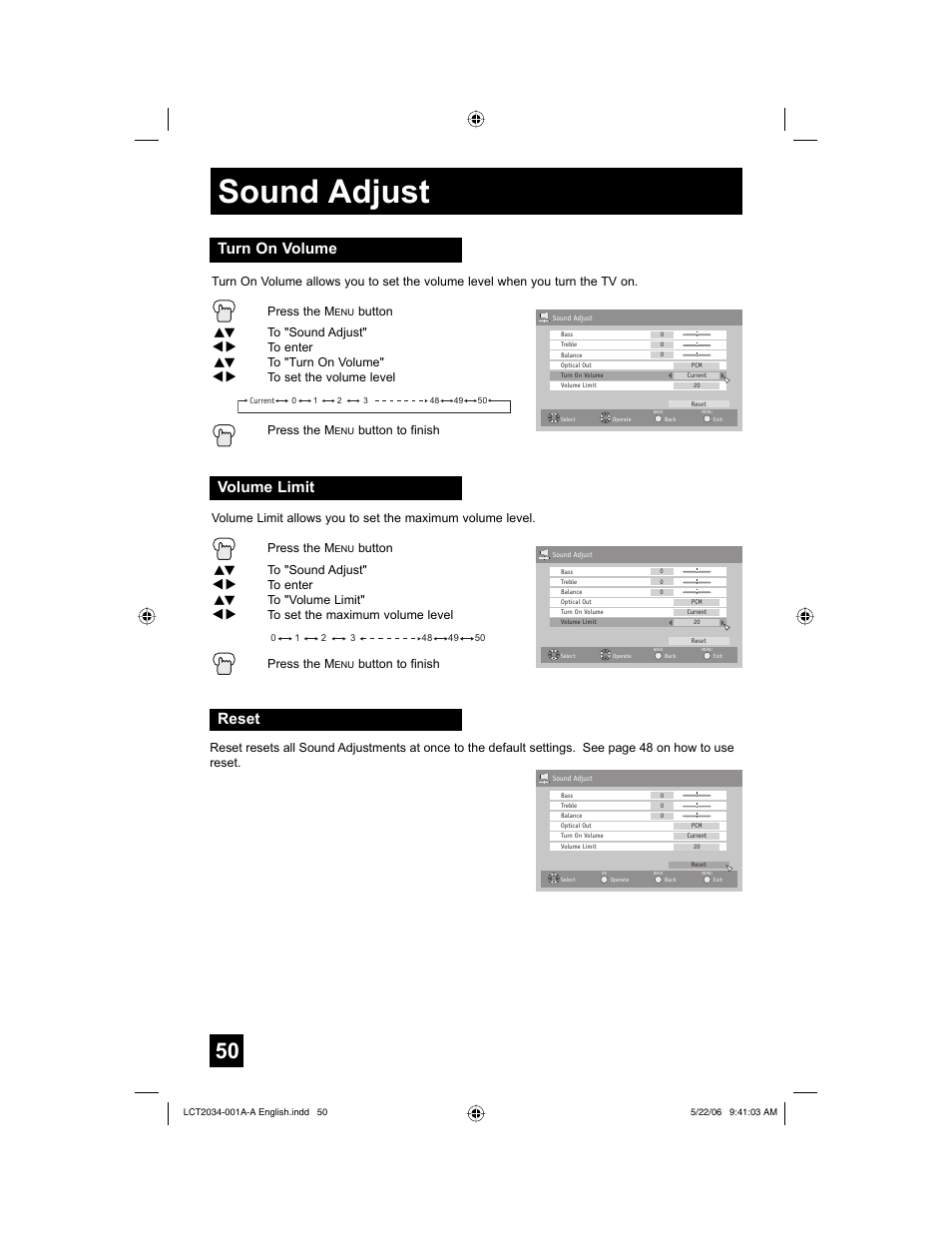 Turn on volume, Volume limit, Reset | Sound adjust, Turn on volume volume limit | JVC AV 30W777 User Manual | Page 50 / 72