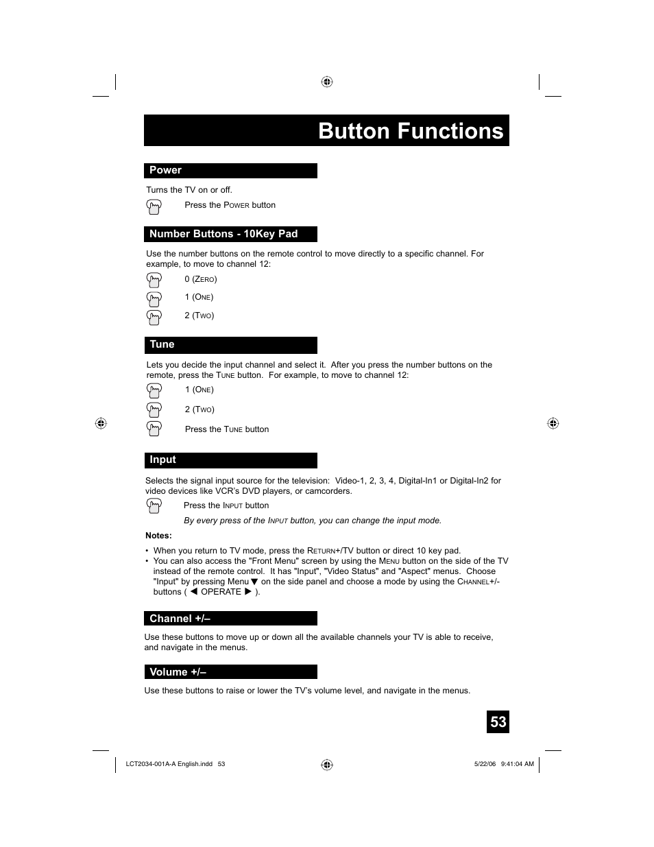 Button functions, Power, Number buttons - 10key pad | Tune, Input, Channel, Volume | JVC AV 30W777 User Manual | Page 53 / 72
